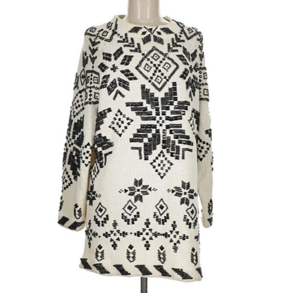 Vintage Michael Simon One Size Black White Beaded Nordic Sweater Wearable Art